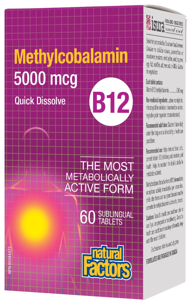 Natural Factors Vitamin B12 Methylcobalamin 5000mcg 60 Sublingual Tablets Quick Disolve - Pure Buys - Pure Buys