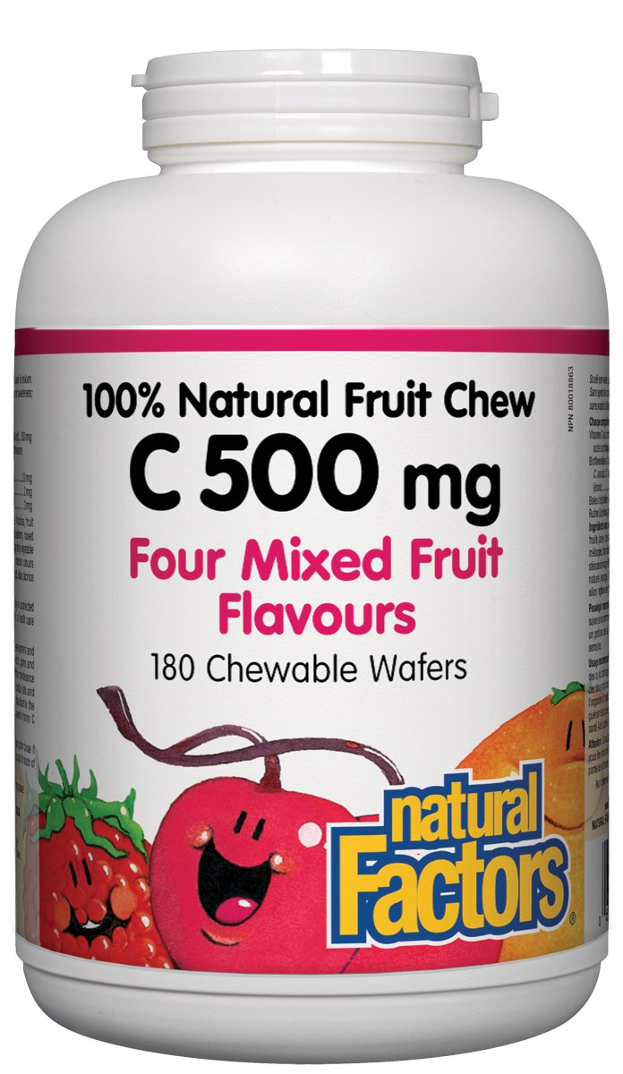 Natural Factors Vitamin C 500mg 100% Natural Fruit Chew Four Mixed Fruit Flavours 180 Chewable Tablets - Pure Buys - Pure Buys