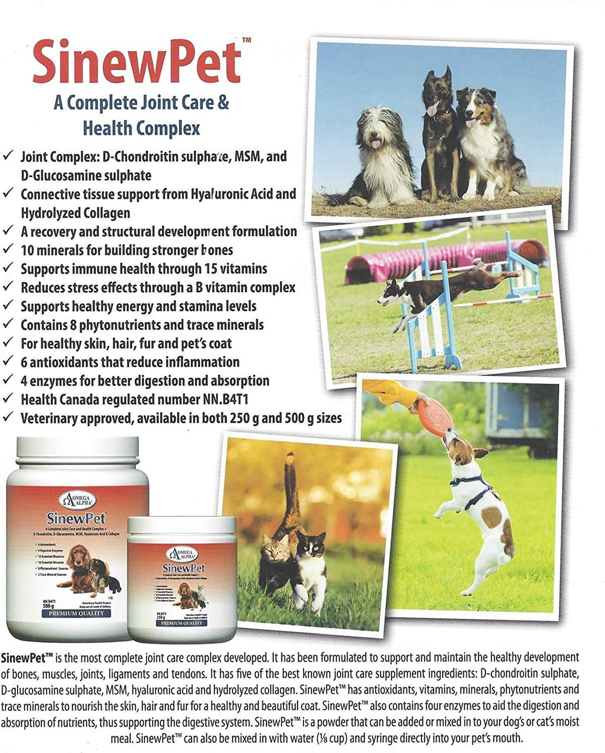 SinewPet - Performance & Mobility - A Complete Joint Care and Health Complex + D-Chondroitin, D-Glucosamine, MSM, Hyaluronic Acid & Collagen- SinewPet - 500g - Pure Buys - Pure Buys